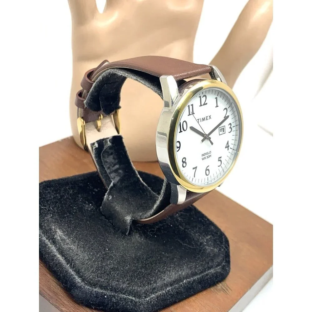 Timex Men's Watch TW2W52100 Quartz Indiglo White Dial Date Brown Leather 40mm